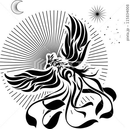 太陽とフェニックスおしゃれな切り絵風シルエット線画・トライバルアート 115834008