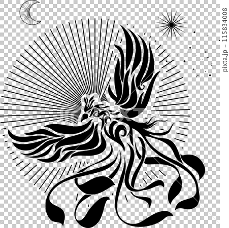 太陽和鳳凰時尚剪紙風格輪廓線描/部落藝術 115834008