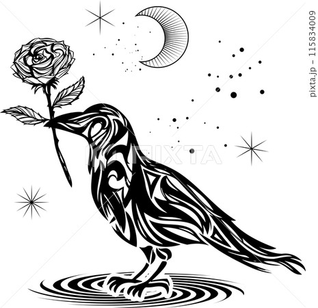 薔薇とカラスのおしゃれな切り絵風シルエット線画・トライバルアート 115834009