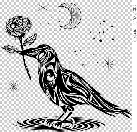 薔薇とカラスのおしゃれな切り絵風シルエット線画・トライバルアート 115834009