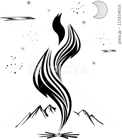 炎と山と月おしゃれな切り絵風シルエット線画・トライバルアート 115834010