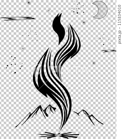 炎と山と月おしゃれな切り絵風シルエット線画・トライバルアート 115834010