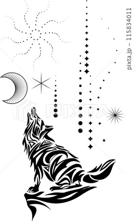 月と星の丘で鳴く狼のおしゃれな切り絵風シルエット線画・トライバルアート 115834011