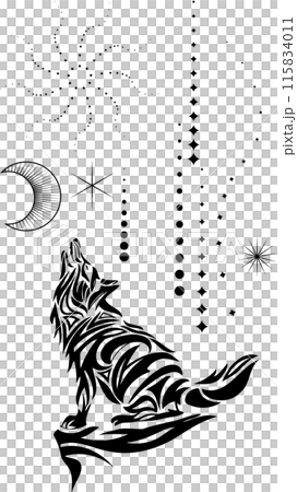 月と星の丘で鳴く狼のおしゃれな切り絵風シルエット線画・トライバルアート 115834011