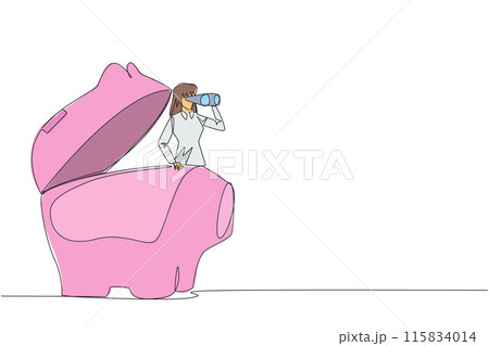 Single continuous line drawing businesswoman comes out of piggy bank looks for something through binoculars. Need for investment to prepare for all kinds of needs. One line design vector illustration 115834014