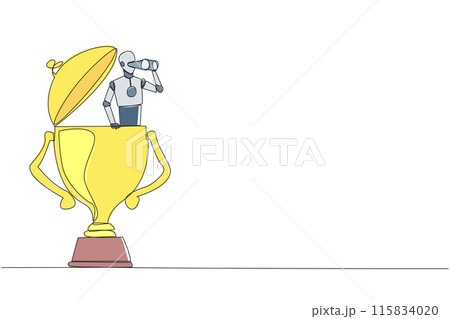 Single continuous line drawing a robot emerges from trophy looking for something through binoculars. Scan. Analyze strengths of business rival. Become winner again. One line design vector illustration 115834020