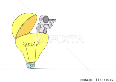 Continuous one line drawing astronaut emerges from lightbulb look for something with binocular. Collecting best ideas for to do during a lunar expedition. Single line draw design vector illustration Continuous one line drawing astronaut emerges from lightbulb look for something with binocular. Collecting best ideas for to do during a lunar expedition. Single line draw design vector illustration 115834035