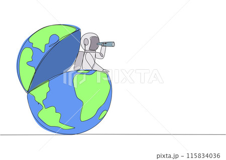 Continuous one line drawing astronaut emerges from globe look for something with binoculars. Highlight where the expedition located. Preparation from earth. Single line draw design vector illustration Continuous one line drawing astronaut emerges from globe look for something with binoculars. Highlight where the expedition located. Preparation from earth. Single line draw design vector illustration 115834036