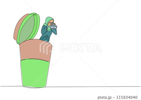 Single one line drawing Arabian businesswoman emerges from a paper cup looking for something through binoculars. Bring home a refreshing cold tea drink. Continuous line design graphic illustration Single one line drawing Arabian businesswoman emerges from a paper cup looking for something through binoculars. Bring home a refreshing cold tea drink. Continuous line design graphic illustration 115834040