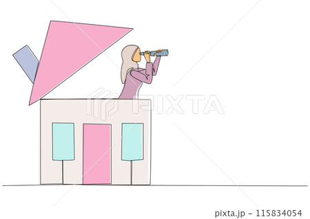 Single continuous line drawing Arabian businesswoman appears out of miniature house looking for something with binoculars. Investing in a house for beloved family. One line design vector illustration Single continuous line drawing Arabian businesswoman appears out of miniature house looking for something with binoculars. Investing in a house for beloved family. One line design vector illustration 115834054