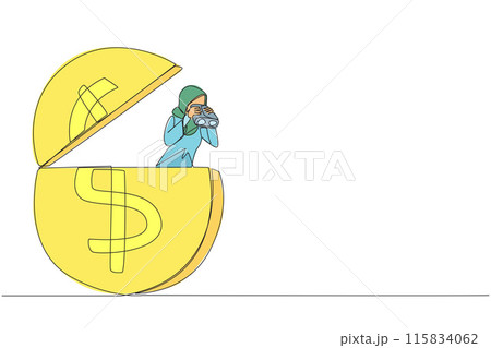 Single one line drawing Arab businesswoman emerges from dollar symbol coin look for something with binoculars. Look for money to share as sign of gratitude. Continuous line design graphic illustration Single one line drawing Arab businesswoman emerges from dollar symbol coin look for something with binoculars. Look for money to share as sign of gratitude. Continuous line design graphic illustration 115834062