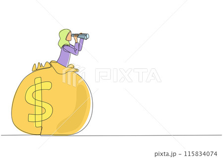 Continuous one line drawing Arab businesswoman emerges from money bag looking for something with binoculars. More concerned with saving than spending money. Single line draw design vector illustration 115834074