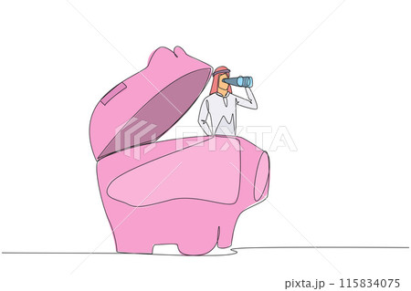 Single one line drawing Arabian businessman pops out of piggy bank looking for something through binoculars. Implement savings for maximum business profits. Continuous line design graphic illustration 115834075