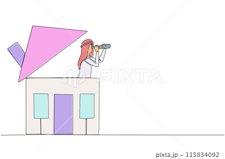 Continuous one line drawing Arabian businessman emerges from the miniature house looking for something through binoculars. A place to return home. Comfort. Single line draw design vector illustration 115834092