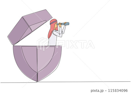 Single continuous line drawing Arab businessman emerges from shield look for something with binoculars. Look for most effective way to ward off cyber crime attacks. One line design vector illustration Single continuous line drawing Arab businessman emerges from shield look for something with binoculars. Look for most effective way to ward off cyber crime attacks. One line design vector illustration 115834096