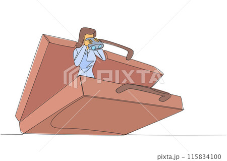 Single one line drawing businesswoman comes out of briefcase looks for something through binoculars. Prepare for business expansion by doing business trips. Continuous line design graphic illustration 115834100