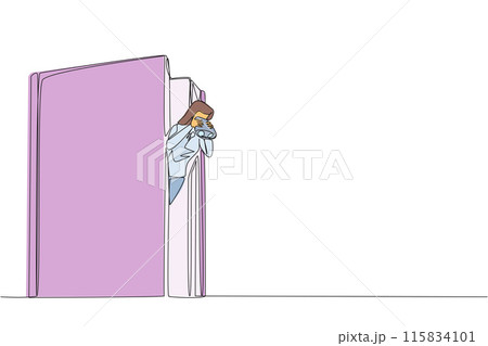 Single one line drawing businesswoman coming out of old book holding binocular. Find out the history of company's founding. Cultivate a sense of curiosity. Continuous line design graphic illustration 115834101