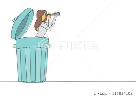 Continuous one line drawing businesswoman comes out of a trash can looking for something through binoculars. Not interested in backbiting. Throw gossip. Single line draw design vector illustration 115834102