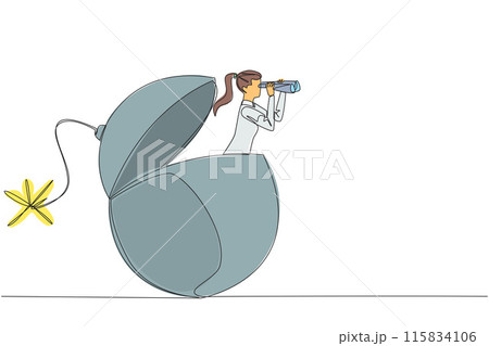 Single continuous line drawing businesswoman get out from burning fuse bomb looks for something through binocular. Secure a company from explosion. Destruction. One line design vector illustration Single continuous line drawing businesswoman get out from burning fuse bomb looks for something through binocular. Secure a company from explosion. Destruction. One line design vector illustration 115834106
