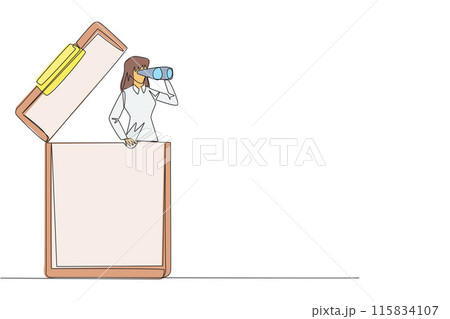 Continuous one line drawing businesswoman comes out of clipboard looking for something through binoculars. Looking for volunteers to fill in report form. Single line draw design vector illustration 115834107