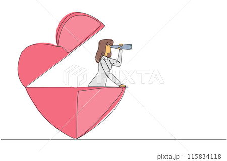 Continuous one line drawing businesswoman out of heart shape looks for something through binoculars. Looking for some people to do charity. Useful kindness. Single line draw design vector illustration 115834118