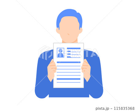 履歴書を見せる男性のシンプルでフラットなイラスト 115835368