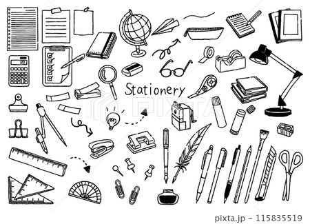 文房具イラストセット　手描き白黒線画 115835519