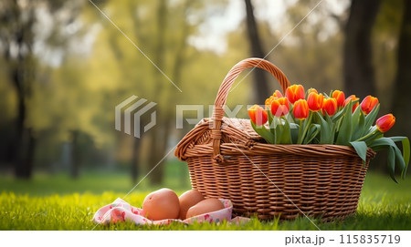 A picnic basket full of tulips and eggs on a sunny day in the pa 115835719