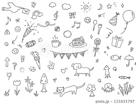 手書きのデコレーション素材セット、落書き、線画アイコン 115835797