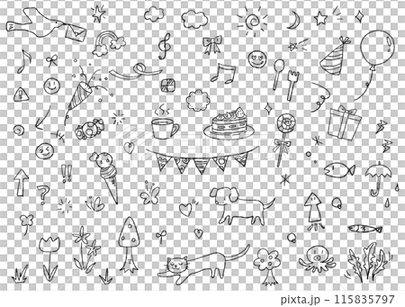 手書きのデコレーション素材セット、落書き、線画アイコン 115835797
