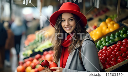 A young woman wearing a red hat and scarf smiles while holding t A young woman wearing a red hat and scarf smiles while holding t 115835804