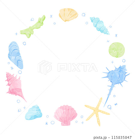 手書きの貝殻の円形フレーム、水彩カラー 115835847