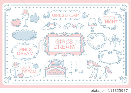 ゆめかわ、ガーリーなパステルトーンのイラスト素材。フレームやコーナーも。ベクターイラスト素材。 115835987