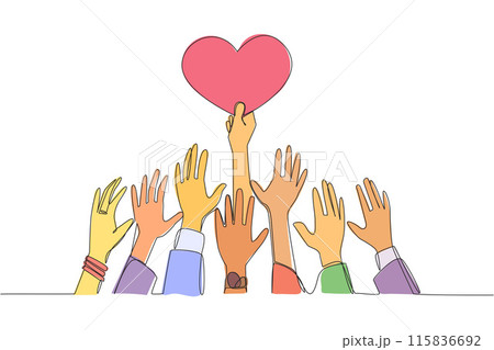 Single one line drawing hands fighting over the shape of a heart. Hands that are strong and the longest that can reach it. Achieve heart's dreams. Success. Continuous line design graphic illustration 115836692