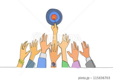 Continuous one line drawing hands fighting over arrow target board. Struggle towards success that many people want to achieve. Focus on achieving dreams. Single line draw design vector illustration Continuous one line drawing hands fighting over arrow target board. Struggle towards success that many people want to achieve. Focus on achieving dreams. Single line draw design vector illustration 115836703
