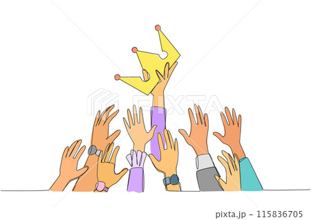 Single continuous line drawing hands fighting for the crown. Fighting for power with each other. Utilizing position inappropriately. Negative impact. Improperly. One line design vector illustration Single continuous line drawing hands fighting for the crown. Fighting for power with each other. Utilizing position inappropriately. Negative impact. Improperly. One line design vector illustration 115836705