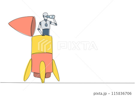 Continuous one line drawing a smart robot appears from the end of the rocket looking for something through binoculars. Scan. Analyze damage. Vigilance. Single line draw design vector illustration Continuous one line drawing a smart robot appears from the end of the rocket looking for something through binoculars. Scan. Analyze damage. Vigilance. Single line draw design vector illustration 115836706