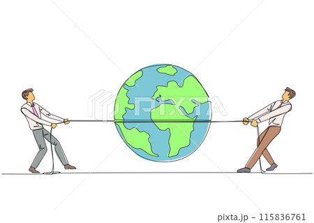 Single one line drawing two businessmen fighting over globe. Fighting over strategic locations. Business must be developed in different places. For profit. Continuous line design graphic illustration Single one line drawing two businessmen fighting over globe. Fighting over strategic locations. Business must be developed in different places. For profit. Continuous line design graphic illustration 115836761