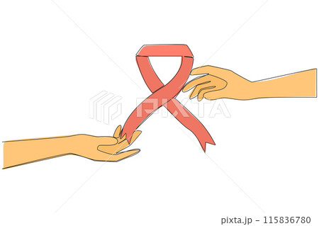Single one line drawing hand giving ribbon sign. Charity activity symbol. Sign of mourning. Symbol of support and solidarity in society. Respect each other. Continuous line design graphic illustration 115836780