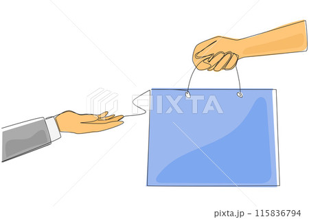 Continuous one line drawing of hand giving paper bag. Eco-friendly shopping bag. Reduce the use of plastic materials. Bag for practical storage. Save earth. Single line draw design vector illustration Continuous one line drawing of hand giving paper bag. Eco-friendly shopping bag. Reduce the use of plastic materials. Bag for practical storage. Save earth. Single line draw design vector illustration 115836794
