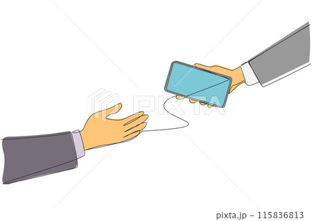 Continuous one line drawing a businesswoman's hand gives a handphone to colleague. Exchange telephone numbers. Establish relationships with new relations. Single line draw design vector illustration 115836813