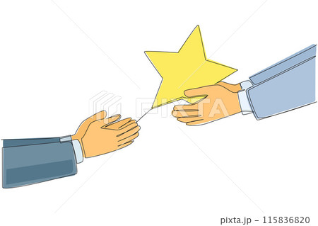 Continuous one line drawing a hand gives a star shape. Give the best assessment. A good rating is important value for surviving in an online shop. Review. Single line draw design vector illustration Continuous one line drawing a hand gives a star shape. Give the best assessment. A good rating is important value for surviving in an online shop. Review. Single line draw design vector illustration 115836820