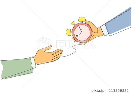Single one line drawing hand gives alarm clock to colleague. Submit difficult assignments so as not to miss deadline. Share tasks to keep business running. Continuous line design graphic illustration Single one line drawing hand gives alarm clock to colleague. Submit difficult assignments so as not to miss deadline. Share tasks to keep business running. Continuous line design graphic illustration 115836822