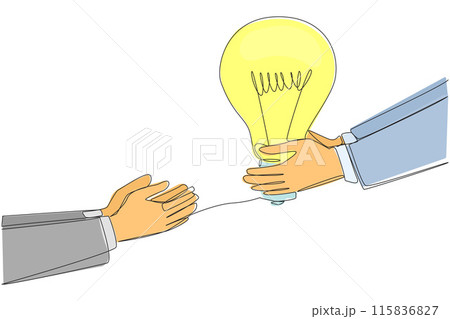 Continuous one line drawing hand giving lightbulb to colleague. Providing best advice for the good and progress of business. Great partner. Brainstorming. Single line draw design vector illustration 115836827