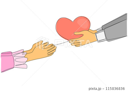 Single one line drawing a hand gives a heart shape to its partner. Fall in love. Ready to give heart and soul. Invitation to get married. Romantic couple. Continuous line design graphic illustration 115836836