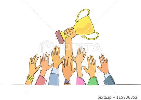 Continuous one line drawing hands fighting for the trophy. Ambition strives for worthy business success. Everyone can get it. Hard work is the difference. Single line draw design vector illustration 115836852