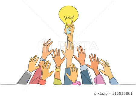 Single one line drawing hands fighting for the lightbulb. Fighting over references. Create a business idea that generates lots of profits. Lots of profits. Continuous line design graphic illustration 115836861