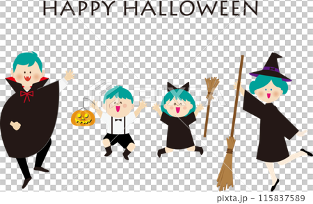 A cheerful family dressed up for Halloween 115837589