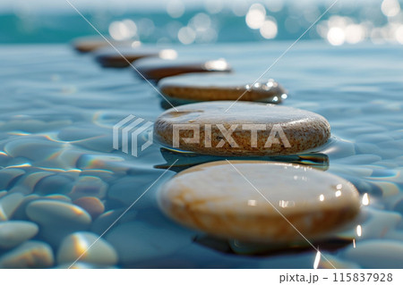 A Row Of Rocks Stacked On Top Of Each Other In The Water 115837928