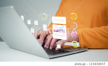 Business people use computers to analyze business and manage corporate data, business analytics with charts, metrics and KPIs to improve organizational performance, marketing, financial organization 115838037